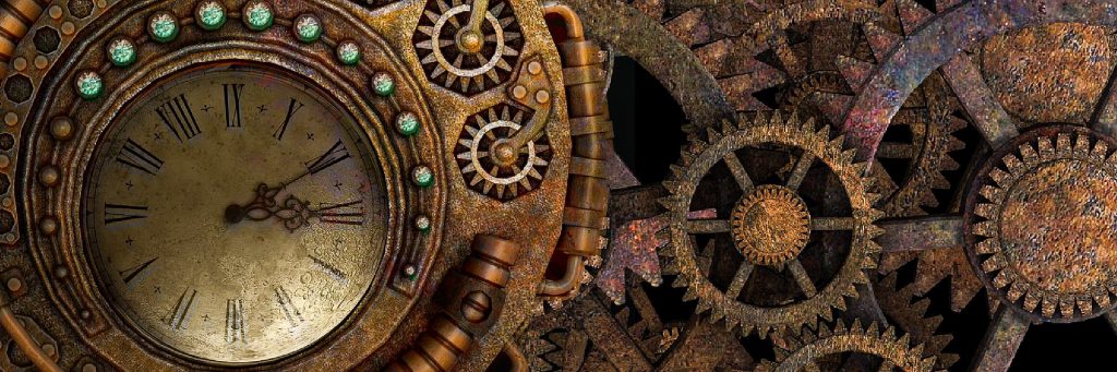 Header for Engines and Enigmas showing steampunk clocks and gears.