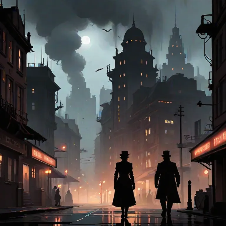 Nightmares and Noir artwork featuring a steampunk city with two people walking down the street. Art deco style. This is the city of Illisport.